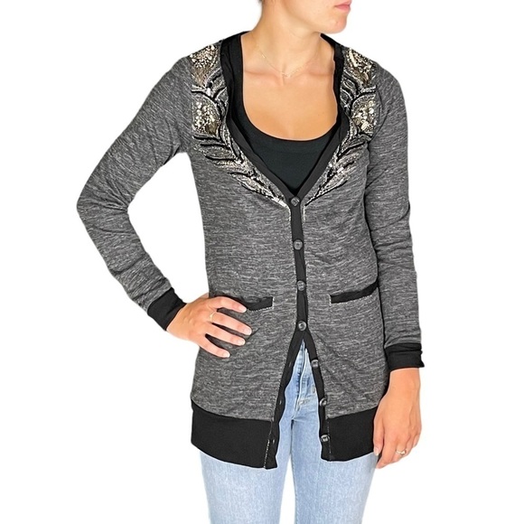MISS ME PEACOCK FEATHER BEAD EMBELLISHED BUTTON DOWN GRAY CARDIGAN SWEATER - Picture 1 of 12